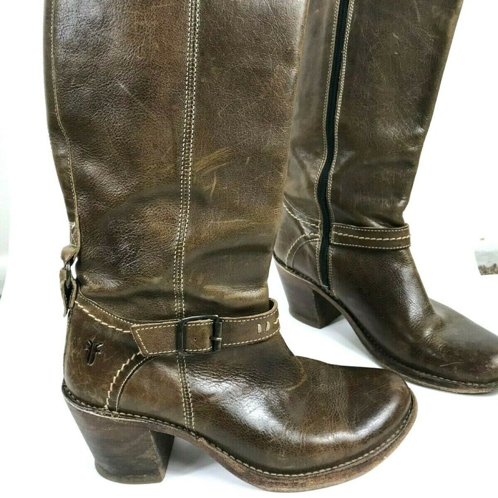 Frye Leather Harness Knee High Stacked Heeled Boot